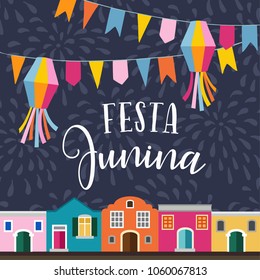 Festa junina, Brazilian june party holiday. Vector illustration background with garland of flags, lanterns, colorful houses and fireworks. Flat design.