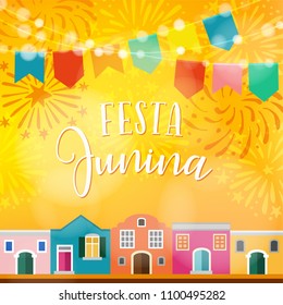 Festa junina, Brazilian june party. Latin American holiday. Vector illustration background with garland of flags, colorful houses and fireworks.