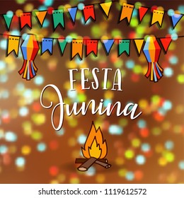 Festa junina, Brazilian june party. Greeting card, invitation. Latin American holiday. Vector illustration with bunting flags, colorful bokeh lights and fire. Modern blurred background.