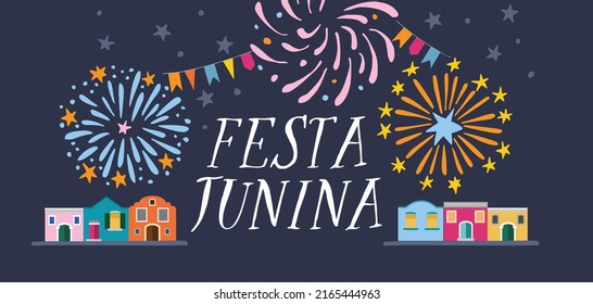 Festa junina, Brazilian june party greeting card, invitation. Sao Joao Latin American holiday. Bunting flags, lanterns, colorful houses and fireworks. Vector illustration background, flat design.