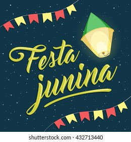 Festa Junina, brazilian june party lettering with balloon and flags