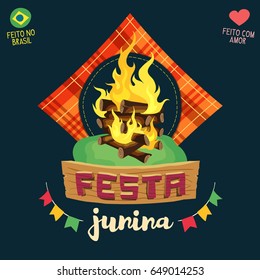 Festa Junina (Brazilian June Party) - Bonfire logo / Made in Brazil - Made with love - Creative vector cartoon logo for june party themes