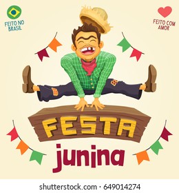 Festa Junina (Brazilian June Party) - Happy peasant jumping over sign / Made in Brazil - Made with love - Detailed vector cartoon for june party themes.