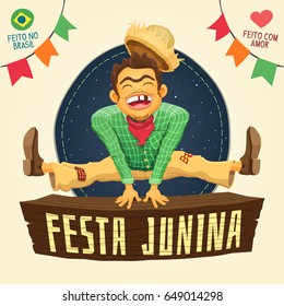 Festa Junina (Brazilian June Party) - Happy peasant jumping over sign / Made in Brazil - Made with love - Detailed vector cartoon for june party themes