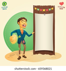 Festa Junina - Brazilian June Party happy hillbilly holding blank thematic board - Made in Brazil - Made with love - High quality detailed vector cartoon for june party themes.