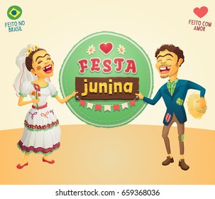 Festa Junina - Brazilian June Party hick couple holding sign - Made in Brazil - Made with love - High quality detailed vector cartoon for june party themes.