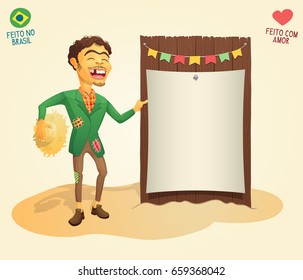 Festa Junina - Brazilian June Party happy hillbilly holding blank thematic board - Made in Brazil - Made with love - High quality detailed vector cartoon for june party themes.