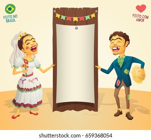 Festa Junina - Brazilian June Party happy hick couple holding blank thematic board - Made in Brazil - Made with love - High quality detailed vector cartoon for june party themes.