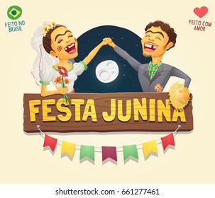 Festa Junina - Brazilian June Party hick couple with wooden sign logo or header - Multiple layers - Creative high quality vector cartoon for june party themes. Made in Brazil,Made with love