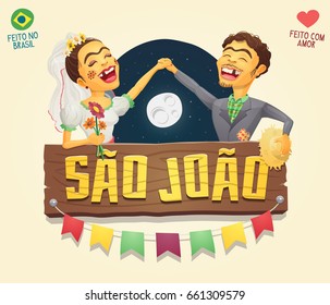 Festa Junina - Brazilian June Party Saint John wooden sign logo with flags and a hick couple holding hands in front of a starry night sky with full moon - Perfect as a logo or header - Made in Brazil 