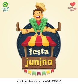 Festa Junina - Brazilian June Party style logo, with a happy hillbilly jumping over a tent, a wooden sign carrying colorful flags and a stitched starry round piece of cloth - Made in Brazil with love