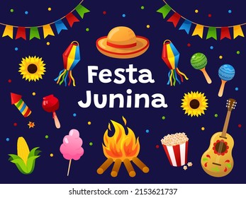 ¡Festa Junina!  Festival latinoamericano de Brasil. Juego de guitarra, guirnaldas, linterna, girasol, fogata, comida y objetos aislados. Dibujos para banner, tarjeta, afiche. Ilustración vectorial.