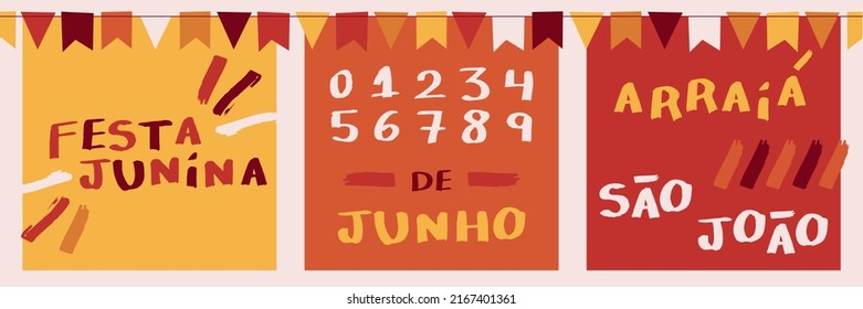 "Festa Junina" Brazilian party called São João. Lettering for invitation, with numbers for date and time. Flags, festival colors. Hand writing vector illustration. Set collection of elements. Brazil.