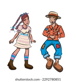 Festa Junina. Brazilian traditional celebration. Young man and young woman in farm clothes dancing. Vector illustration isolated on white background.