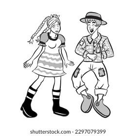 Festa Junina. Brazilian traditional celebration. Young man and young woman in farm clothes dancing. White and black design. Vector illustration isolated on white background.