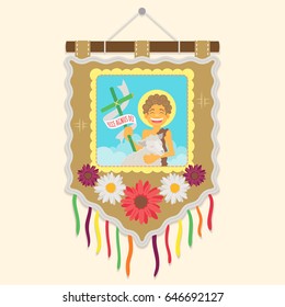Festa Junina - Brazilian traditional flag with a picture of Saint John Baptist  - Ecce agnus dei (Behold the lamb of God) - Flat vector cartoon for june party or religious themes