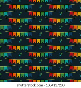 Festa Junina Bunting Banners Seamless Pattern - Festa Junina annual Brazil June celebration bunting banners or party flags and stars seamless pattern in vintage retro colors on dark teal background