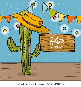 festa junina with cactus and hat decorative design