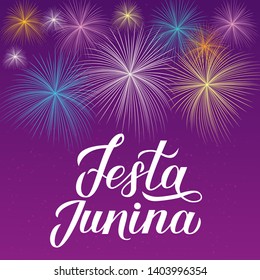 Festa Junina calligraphy hand lettering. Fireworks on purple background. Brazil June Festival Festa de Sao Joao. Easy to edit template for banner, typography poster, invitation, flyer, etc.