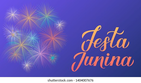 Festa Junina calligraphy hand lettering. Fireworks on blue background. Brazil June Festival Festa de Sao Joao. Easy to edit template for banner, typography poster, invitation, flyer, etc.