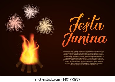 Festa Junina calligraphy hand lettering with fireworks and bonfire on dark background. Brazil June Festival Festa de Sao Joao. Easy to edit template for banner, typography poster, invitation, flyer.