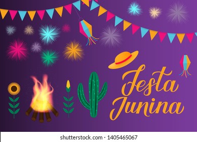 Festa Junina calligraphy hand lettering with fireworks, flags. lanterns and bonfire. Brazil June Festival Festa de Sao Joao. Easy to edit template for banner, typography poster, invitation, flyer.