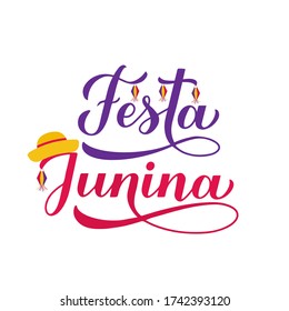 Festa Junina calligraphy  hand lettering with paper lanterns on and yellow hat background. Brazil June Festival de Sao Joao. Vector template for typography poster, banner, invitation, flyer, etc.