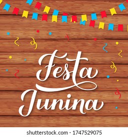 Festa Junina calligraphy  hand lettering with paper lanterns on wood background. Brazil June Festival de Sao Joao. Vector template for typography poster, banner, invitation, flyer, etc.