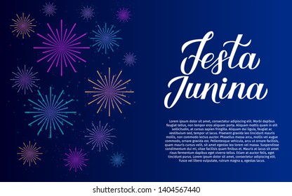 Festa Junina calligraphy lettering. Fireworks on night sky background. Brazil June Festival Festa de Sao Joao. Easy to edit template for banner, typography poster, invitation, flyer, etc.