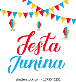 Festa Junina calligraphy lettering with flags. Brazil June Festival Festa de Sao Joao. Brazilian Traditional Carnival typography poster. Easy to edit template fop banner, invitation, flyer, etc.