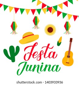 Festa Junina calligraphy lettering with flags and paper lanterns. Brazilian June Festival Festa de Sao Joao. Easy to edit template for typography poster, banner, invitation, flyer, etc.