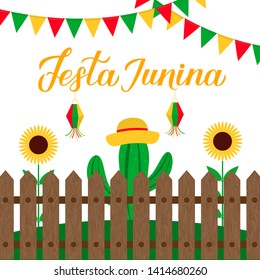 Festa Junina calligraphy lettering with flags,  paper lanterns and cactus. Brazilian June Festival Festa de Sao Joao. Easy to edit template for typography poster, banner, invitation, flyer, etc.