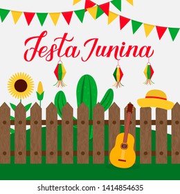 Festa Junina calligraphy lettering with flags, paper lanterns cactus and guitar. Brazilian June Festival Festa de Sao Joao. Easy to edit template for typography poster, banner, invitation, flyer, etc.