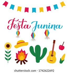 Festa Junina calligraphy lettering with flags, paper lanterns cactus and guitar. Brazilian June holiday Festa de Sao Joao. Vector  template for typography poster, banner, invitation, flyer, etc.