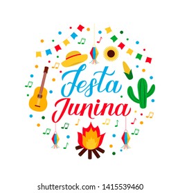 Festa Junina calligraphy lettering with flat clip art elements. Brazilian June Festival Festa de Sao Joao. Latin America holiday. Vector template for typography poster, banner, invitation, flyer, etc.