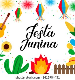 Festa Junina calligraphy lettering with flat clip art elements. Brazilian June Festival Festa de Sao Joao. Latin America holiday. Vector template for typography poster, flyer banner, invitation, etc.