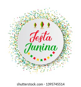 Festa Junina calligraphy lettering on paper plate. Brazil June Festival Festa de Sao Joao. Brazilian Traditional Carnival typography poster. Easy to edit template fop banner, invitation, flyer, etc.