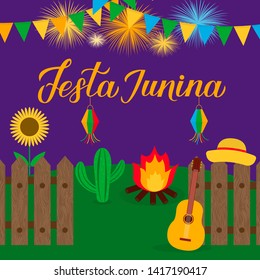 Festa Junina calligraphy lettering with paper lanterns, firawarks, cactus and guitar. Brazilian June Festival Festa de Sao Joao. Easy to edit template for typography poster, banner, invitation, flyer.