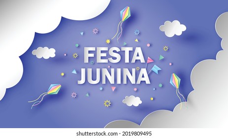 FESTA JUNINA calligraphy on night sky background decorated with lantern, flag, firework. Greeting card for Festa Junina festival. paper cut and craft style. vector, illustration.