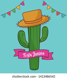 festa junina card and cactus with straw hat