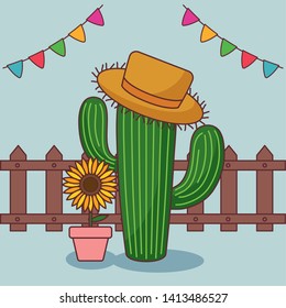 festa junina card with cactus and sunflower