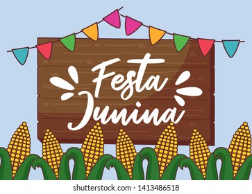 festa junina card with cobs and wooden label