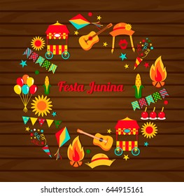 Festa Junina card with fire, hats, sunflowers and guitar on wooden background. Vector illustration.  