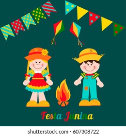 Festa Junina card with girl, boy and fire. Vector illustration. 