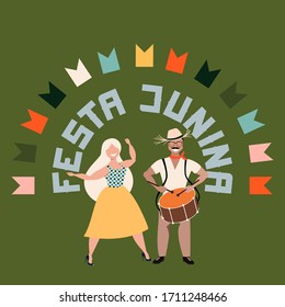 Festa Junina card. Happy man and woman. Big letters. Brazilian Traditional holiday in June. Portuguese summer holiday concept. Modern hand-drawn vector illustration for web banner and print.