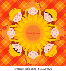 Festa Junina card with kids and sunflower. Vector illustration.