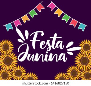 festa junina card with sunflowers and garlands hanging