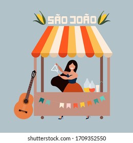 Festa Junina card. Woman selling drinks. Brazilian Traditional holiday in June. Portuguese summer holiday concept. Modern hand-drawn vector illustration for web banner and print.