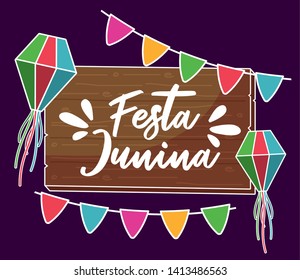 festa junina card with wooden label and lanterns