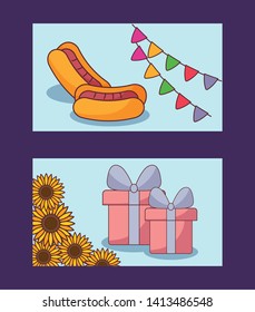 festa junina cards with gift boxes and hot dog